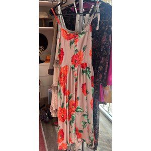 Stones Floral Square Neck Sleeveless Button Front Open Back Maxi Dress Orange XS